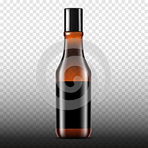 Clear dark glass bottle with black screw cap and blank label on transparent background, vector mockup. Liquid product packaging,