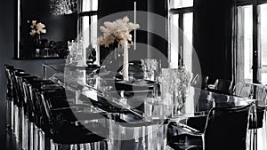 Clear dining room architecture with black wall aesthetic chairs and tables in extreme zoomed out ai generated