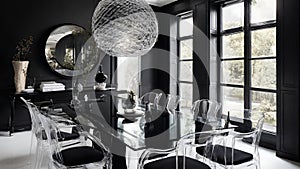 Clear dining room architecture with black wall aesthetic chairs and tables in extreme zoomed out ai generated