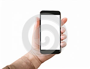 Clear display mobile device in palm, left side, cutout image for versatile use