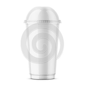 Clear disposable plastic cup with dome lid.