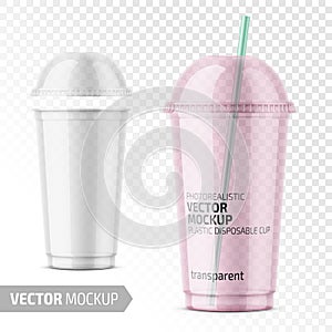 Clear disposable plastic cup with lid with label.