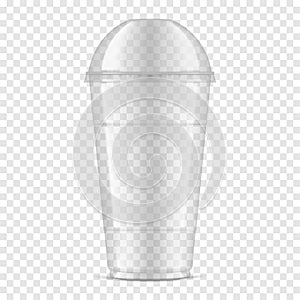 Clear empty glossy plastic cup with dome lid on transparent background, realistic mockup. Disposable takeaway drink container