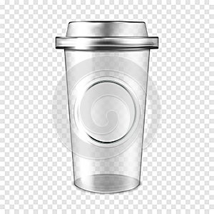 Clear empty plastic cup with lid and white blank round label sticker on transparent background, realistic mock-up