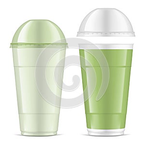 Clear empty tall cup with dome lid, realistic mock-up. Transparent plastic tumbler for takeaway drinks, vector illustration