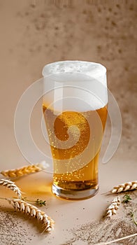 Clear glass of beer with a frothy head, surrounded by wheat ears on a beige background