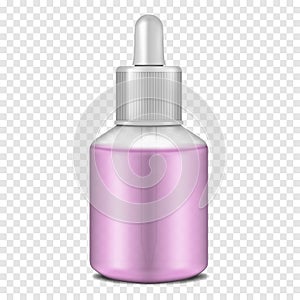 Clear glass bottle with dropper cap filled with purple liquid on transparent background, vector mock-up. Beauty or medical product