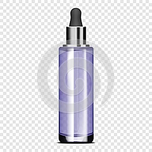 Clear glass bottle with dropper cap on transparent background, realistic vector mockup. Cosmetic serum packaging, template