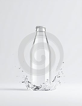 Clear Glass Bottle with Water Splash on White Background