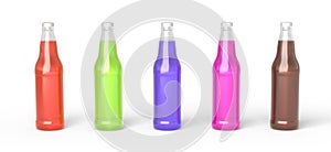 Clear glass bottles with different soft drinks soda, cola and lemonade. Realistic set of fizzy beverages with red, green