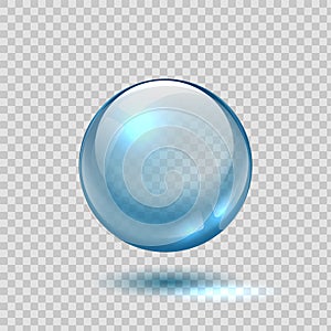 Clear glass bubble. Realistic blue sphere. 3D ball on transparent background. Glossy crystal object with shadow and photo