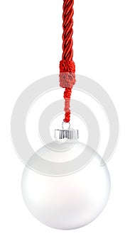 Clear glass Christmas ornament hanging from shiny red rope. Empty space in bauble for text or product. Isolated on white