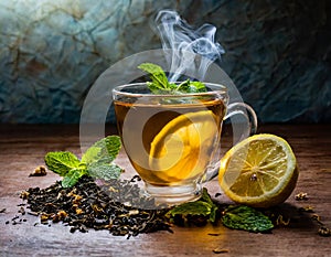 A clear glass cup of tea infused with lemon and mint leaves, steaming on a wooden table surr