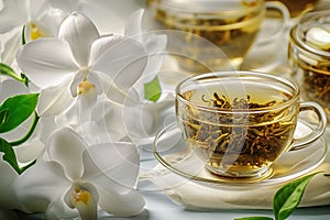 Clear glass cups filled with golden brown tea