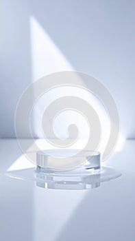Clear Glass Cylinder Platform on Reflective Surface