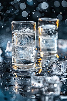 Clear glass filled with water surrounded by ice cubes on a wooden table, condensation forming on the glass as the ice
