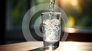 Clear glass of fresh water on a table.