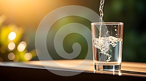 Clear glass of fresh water on a table.