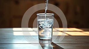 Clear glass of fresh water on a table.