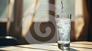 Clear glass of fresh water on a table.