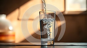 Clear glass of fresh water on a table.