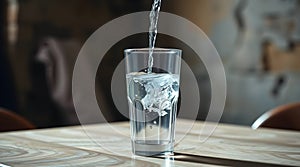 Clear glass of fresh water on a table.