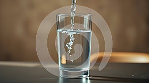 Clear glass of fresh water on a table.