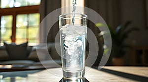Clear glass of fresh water on a table.