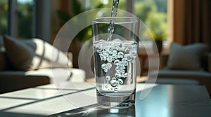 Clear glass of fresh water on a table.