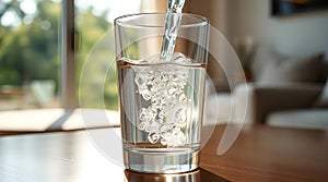 Clear glass of fresh water on a table.