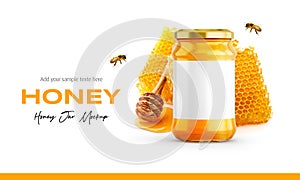 Clear Glass Honey Jar Mockup for Packaging Label 3D Rendering on Isolated Background
