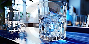 A clear glass with ice on the kitchen table. The concept of osmotic water purification