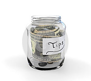 Clear Glass Jar for Tips with Coins and Bills