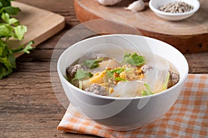 Clear glass noodle soup with Minced Pork,Vegetables and egg tofu ,Gaeng Jued Woon Sen