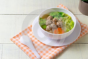 Clear glass noodle soup with Minced Pork and Vegetables ,Gaeng Jued Woon Sen