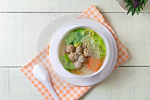 Clear glass noodle soup with Minced Pork and Vegetables ,Gaeng Jued Woon Sen