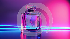 A clear glass perfume bottle set against a vibrant neon light backdrop, Ai Generated