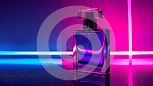 A clear glass perfume bottle set against a vibrant neon light backdrop, Ai Generated