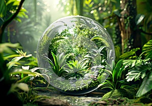 Glass sphere containing colorful flowers, birds, and butterflies against in a tropical forest. Generative AI. photo