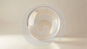 A clear glass sphere resting on a reflective surface in soft light