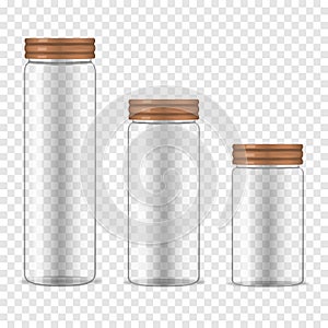 Clear glass storage jars with screw bamboo lids on transparent background, vector mockup set. Empty food canisters