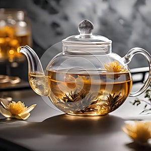 A clear glass teapot with blooming tea, unfurling its delicate petals in hot water1