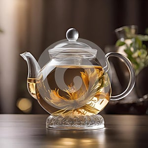 A clear glass teapot with blooming tea, unfurling its delicate petals in hot water2