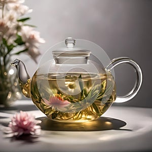 A clear glass teapot filled with blooming tea, unfurling its beautiful petals1