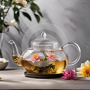 A clear glass teapot filled with blooming tea, unfurling its beautiful petals2