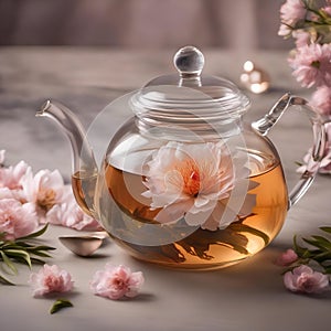 A clear glass teapot filled with blooming tea, unfurling its beautiful petals3