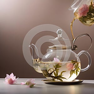 A clear glass teapot filled with blooming tea, unfurling its beautiful petals4