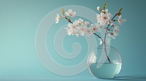 A clear glass vase holding a single cherry blossom branch, epitomizing spring's delicate beauty