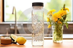 a clear glass water bottle with hydrate, nourish, flourish etched