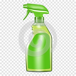 Clear green plastic mist spray bottle with blank label on transparent background, vector mockup. Water spraying container